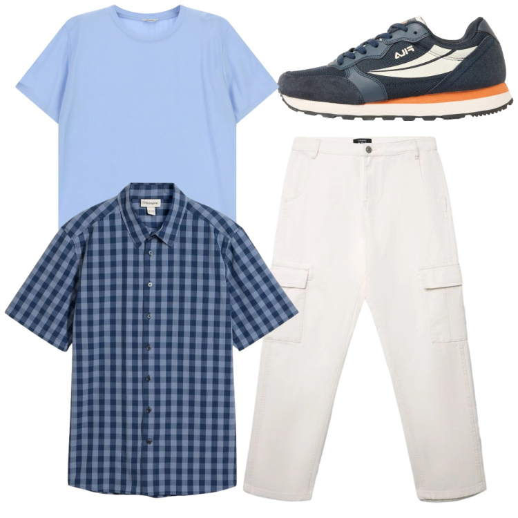 Outfit uomo - Total look. Stile Casual per Tutti i giorni. Abbinamento con sneakers, camicie a manica corta, pantaloni cargo, t-shirt.