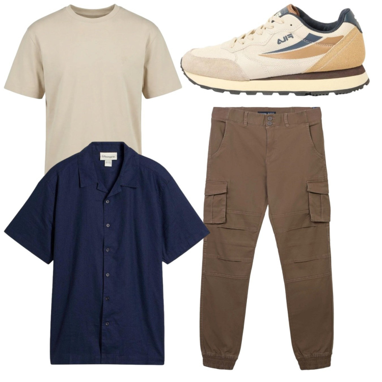 Outfit uomo - Total look. Stile Casual per Tutti i giorni. Abbinamento con sneakers, camicie a manica corta, pantaloni cargo, t-shirt.