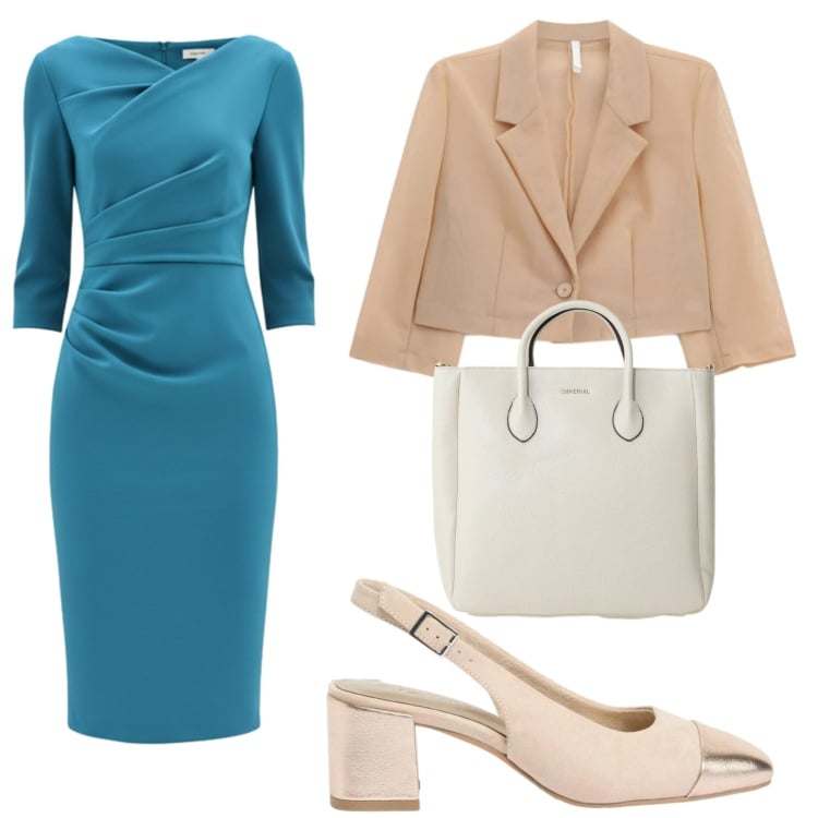 Outfit donna - Tubino drappeggiato. Stile Chic per Ufficio. Abbinamento con décolleté, blazer, borse a tracolla, vestiti asimmetrici.