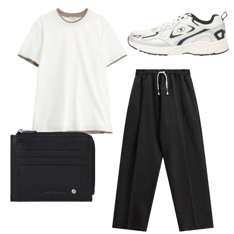 Outfit uomo - Total look. Stile Urban per Tutti i giorni. Abbinamento con sneakers, t-shirt, portafogli, pantaloni.