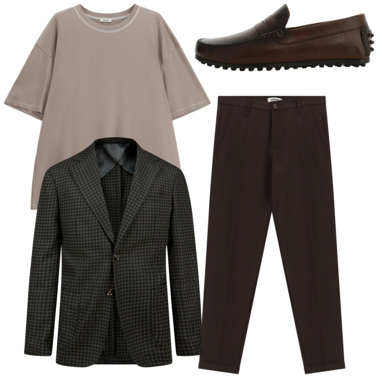 Outfit uomo - In città. Stile Casual per Tutti i giorni. Abbinamento con scarpe stringate, t-shirt, pantaloni, giacche.