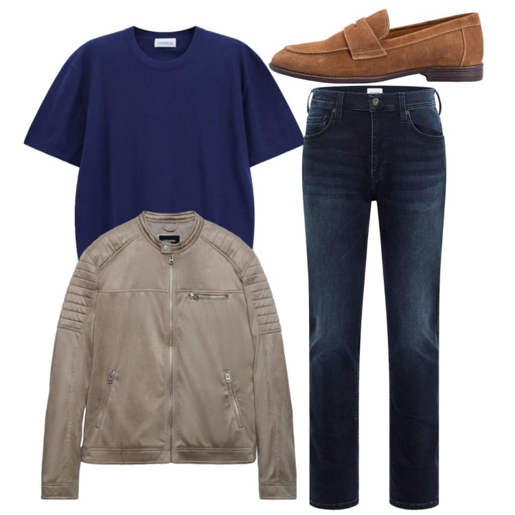Outfit uomo - In moto. Stile Casual per Serata speciale. Abbinamento con jeans slim fit, giacche, t-shirt, scarpe stringate.
