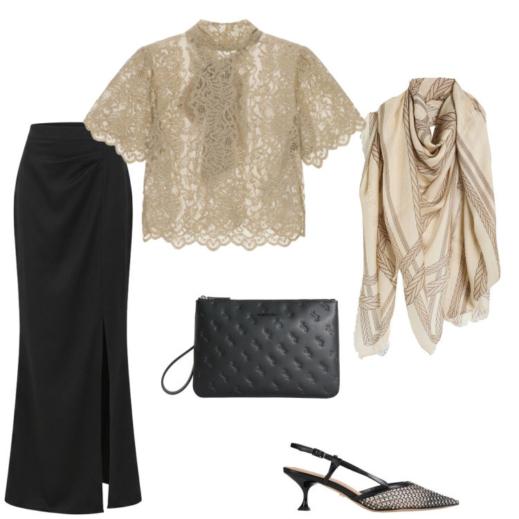 Outfit donna - Invito al cocktail di sera. Stile Chic per Serata fuori. Abbinamento con sciarpe, décolleté, gonne lunghe, top, anelli.