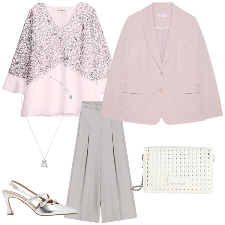 Outfit donna - Invitata al matrimonio. Stile Bon Ton per Cerimonia. Abbinamento con décolleté, bluse, borse a tracolla, pantaloni a palazzo, blazer, ciondoli.