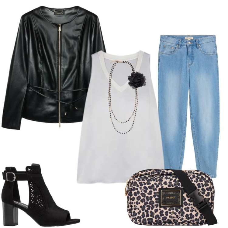 Outfit donna - Total look #2401376. Stile Casual chic per Tutti i giorni. Abbinamento con jeans, sandali col tacco, blazer, top, collane, marsupi.