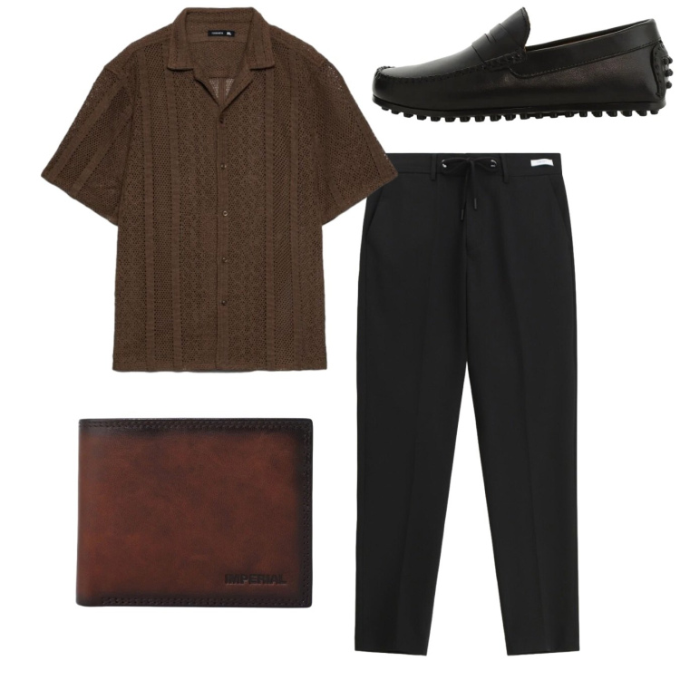 Outfit uomo - Total black and brown. Stile Trendy per Serata speciale. Abbinamento con camicie a manica corta, scarpe stringate, portafogli, pantaloni.