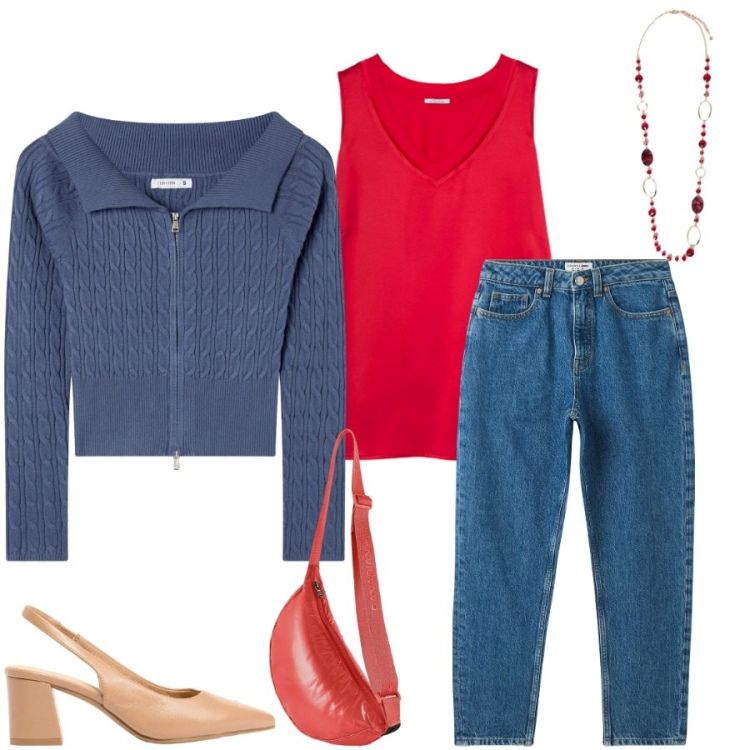 Outfit donna - Total look #2401379. Stile Casual chic per Tutti i giorni. Abbinamento con décolleté, jeans mom, cardigans, top, collane, borse a tracolla.