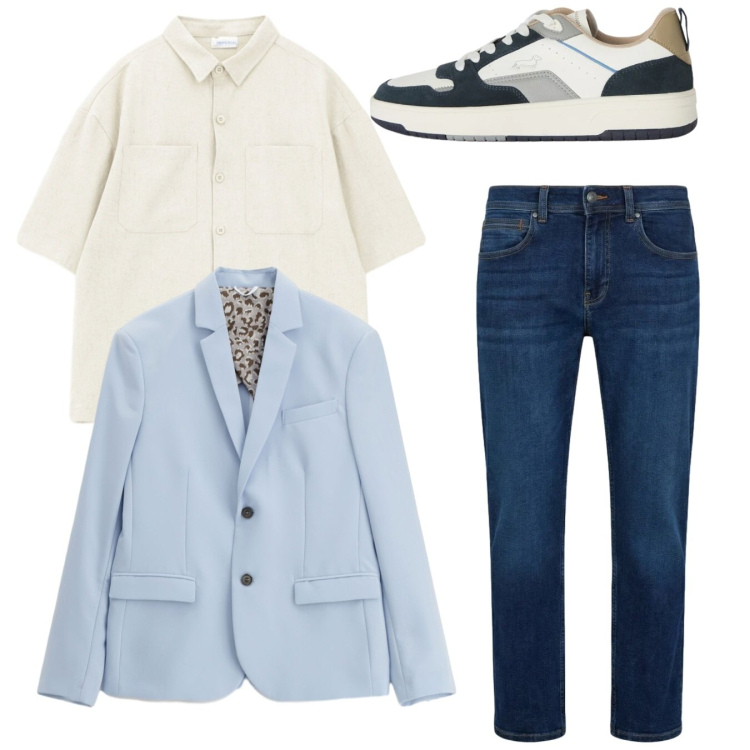 Outfit uomo - Total look. Stile Casual per Tutti i giorni. Abbinamento con giacche, camicie a manica corta, jeans dritti, sneakers.