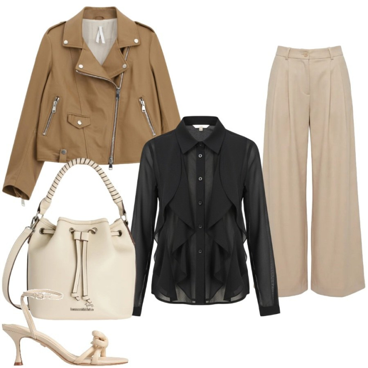 Outfit donna - Total look #2401382. Stile Casual chic per Tutti i giorni. Abbinamento con sandali in pelle, camicie, giacche, pantaloni, borse a secchiello.