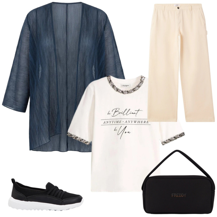 Outfit donna - Ricevimento a scuola. Stile Casual per Tutti i giorni. Abbinamento con sneakers, t-shirt, pantaloni, blazer, borse a mano.