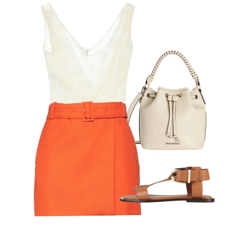 Outfit donna - Orange. Stile Chic per Tutti i giorni. Abbinamento con sandali alla schiava, minigonne, borse a secchiello, top.