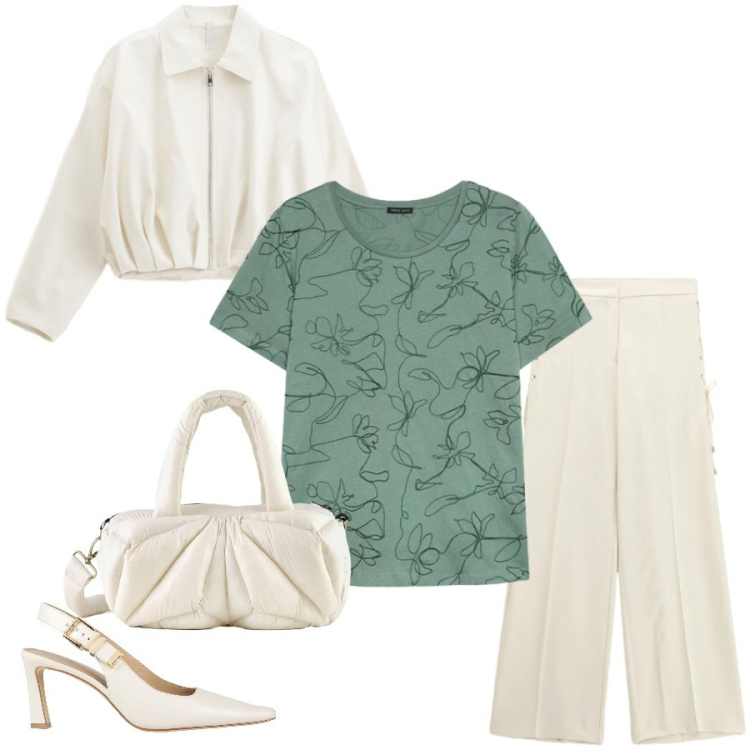 Outfit donna - Total look #2401386. Stile Casual chic per Tutti i giorni. Abbinamento con décolleté, bomber, pantaloni, t-shirt, borse a mano.