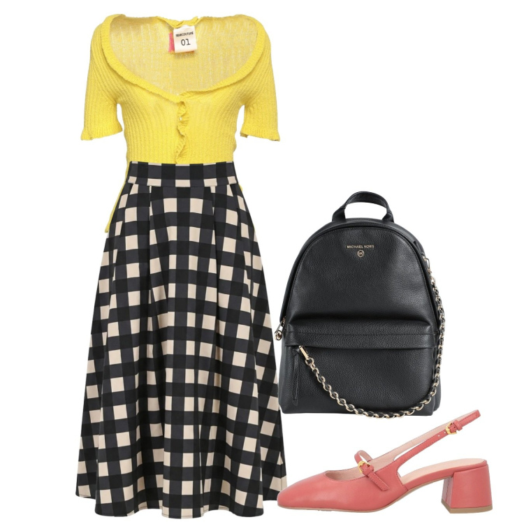 Outfit donna - Come Brigitte. Stile Bon Ton per Tutti i giorni. Abbinamento con cardigans, zaini, décolleté, gonne longuette.