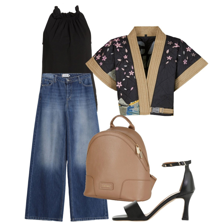 Outfit donna - Kimono di maggio. Stile Casual chic per Serata fuori. Abbinamento con top, zaini, sandali col tacco, jeans, kimono.