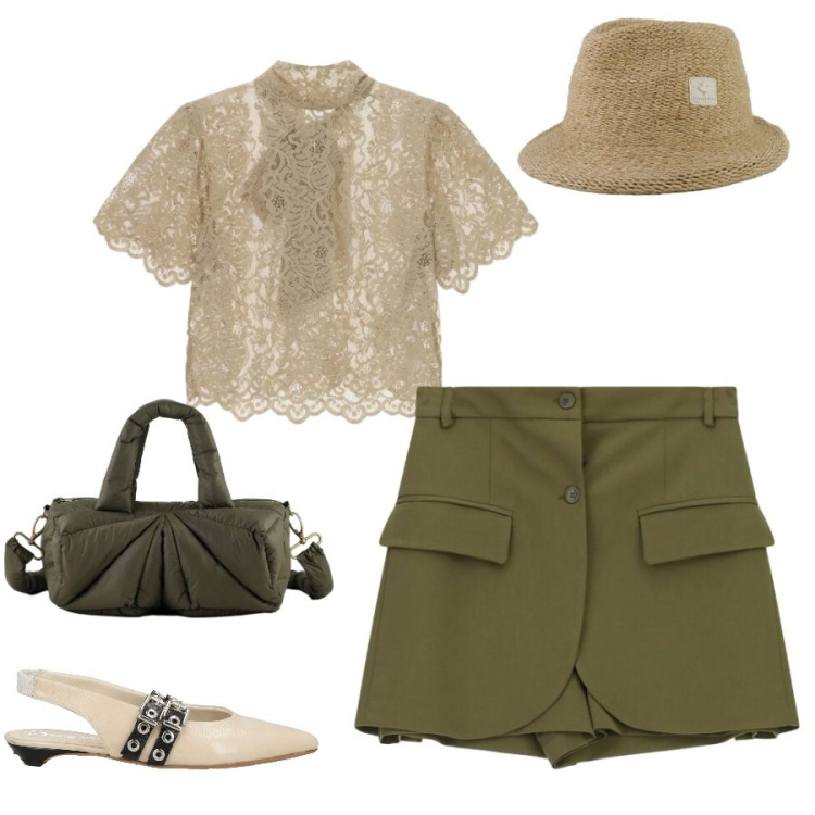 Outfit donna - Total look #2401391. Stile Casual chic per Tutti i giorni. Abbinamento con ballerine, shorts, top, cappelli, borse a mano.