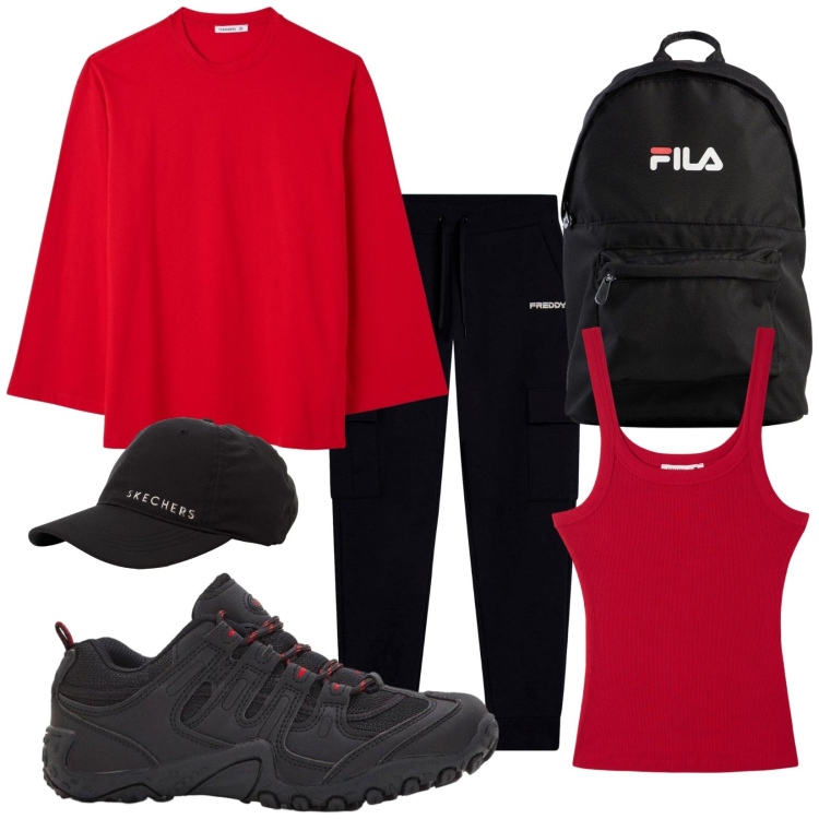 Outfit donna - Total look #2401393. Stile Casual per Sport. Abbinamento con zaini, scarpe sportive, cappelli con visiera, canottiere, t-shirt, pantaloni.