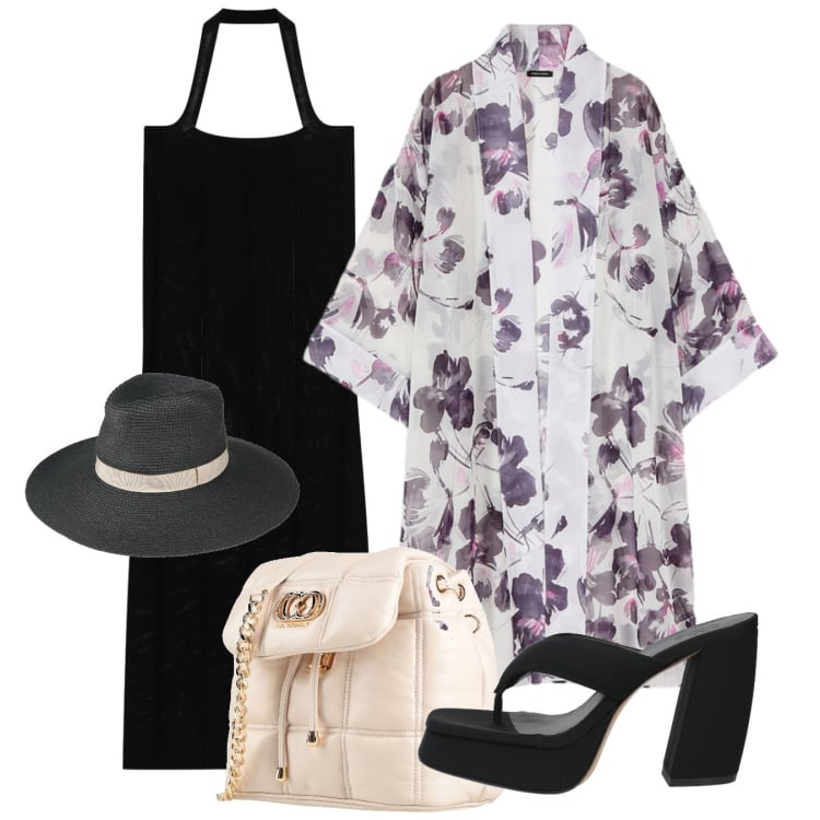 Outfit donna - Japan. Stile Chic per Tutti i giorni. Abbinamento con ciabatte, valigie, cappelli, vestiti midi/longuette, caftani.