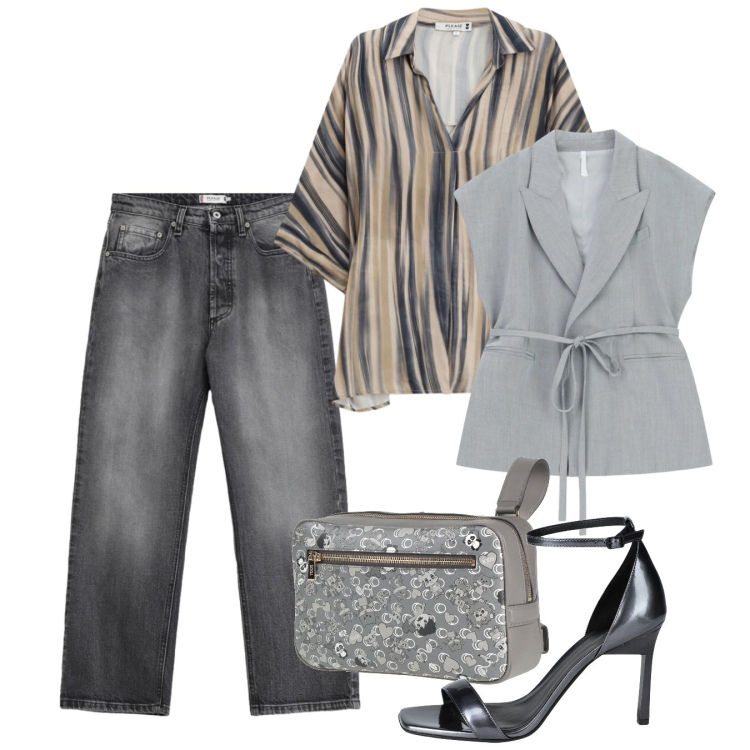 Outfit donna - Grey. Stile Casual chic per Serata fuori. Abbinamento con marsupi, sandali in pelle, camicie, jeans, gilet.