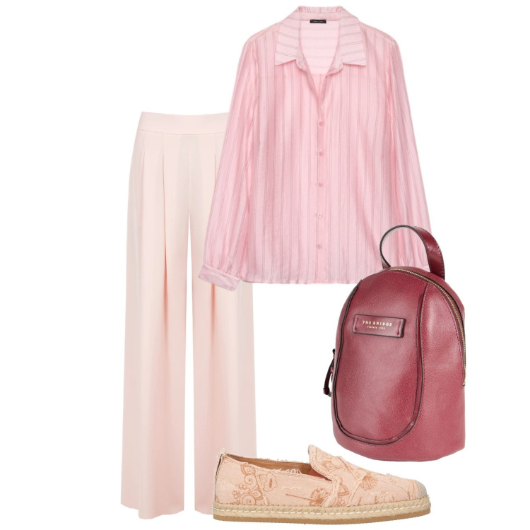 Outfit donna - Pink day. Stile Bon Ton per Ufficio. Abbinamento con zaini, espadrillas, pantaloni a palazzo, camicie.