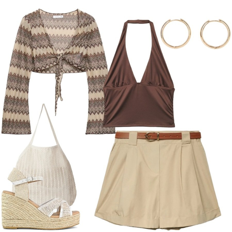 Outfit donna - Total look #2401400. Stile Casual chic per Tutti i giorni. Abbinamento con orecchini, shorts, blazer, top, shopping bag, zeppe.
