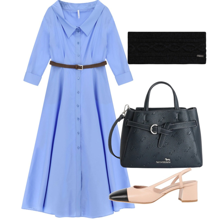 Outfit donna - Chemisier indaco. Stile Bon Ton per Ufficio. Abbinamento con décolleté, vestiti chemisier, borse a mano, fasce per capelli.