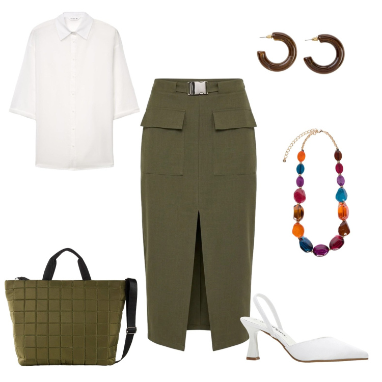 Outfit donna - Everyday. Stile Casual chic per Tutti i giorni. Abbinamento con décolleté, shopping bag, orecchini, camicie a manica corta, gonne longuette, collane.