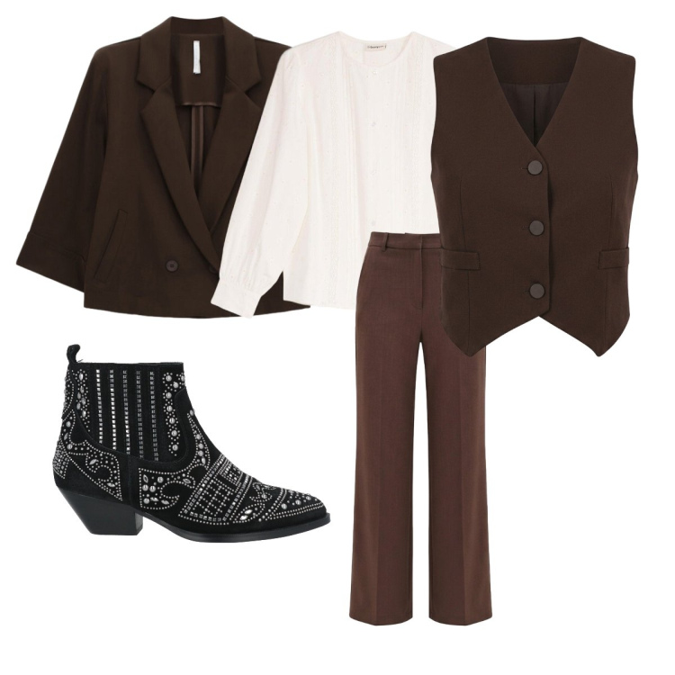 Outfit donna - Gilet un classico senza tempo. Stile Mannish per Ufficio. Abbinamento con stivaletti, camicie, blazer, pantaloni, gilet.