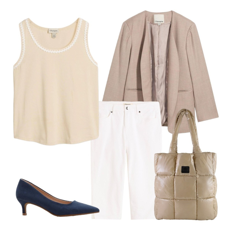Outfit donna - Bellissima col pizzo. Stile Minimal per Tutti i giorni. look ideale per Petite. Abbinamento con canottiere, pantaloni, blazer, décolleté, shopping bag.