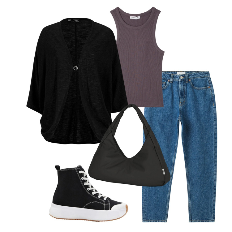 Outfit donna - Total look #2401422. Stile Basic per Tutti i giorni. Abbinamento con cardigans, sneakers, jeans mom, canottiere, borse a spalla.
