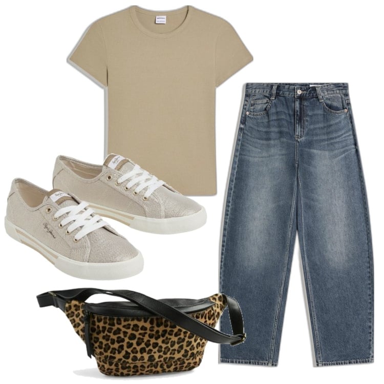 Outfit mujer - Casual look. Estilo Casual para Todos los días. Combinación con sneakers, riñoneras, camiseta, vaqueros.