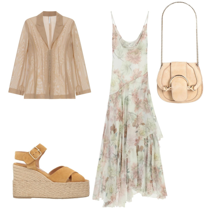 Outfit donna - Aperitivo soft nuances. Stile Chic per Serata fuori. Abbinamento con marsupi, espadrillas, blazer, vestiti lunghi.