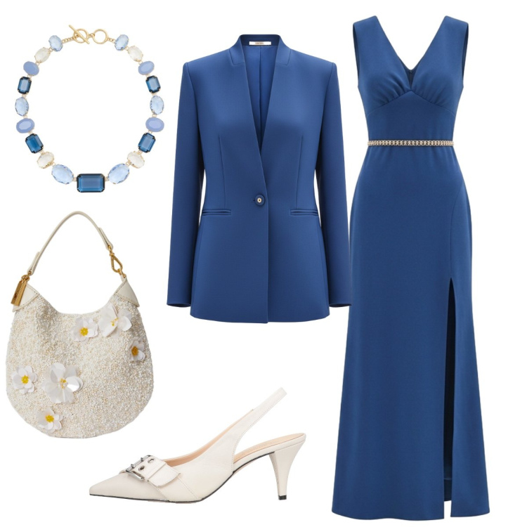 Outfit donna - Alla Cerimonia in blu polvere. Stile Chic per Cerimonia. Abbinamento con décolleté, blazer, vestiti lunghi, pochette, collane.