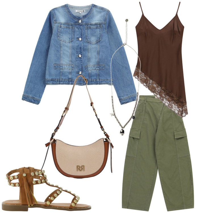 Outfit donna - Total look #2401436. Stile Casual chic per Tutti i giorni. Abbinamento con borse a tracolla, sandali, top, pantaloni cargo, blazer, ciondoli.