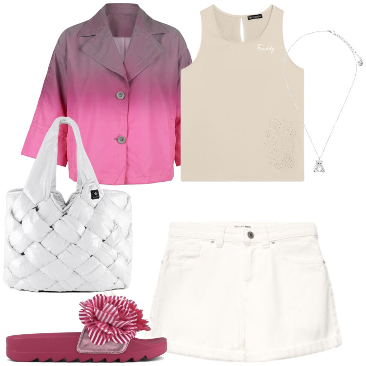 Outfit donna - Total look #2401439. Stile Casual chic per Tutti i giorni. Abbinamento con shorts, cappotti, borse tote, ciondoli, top, ciabatte.