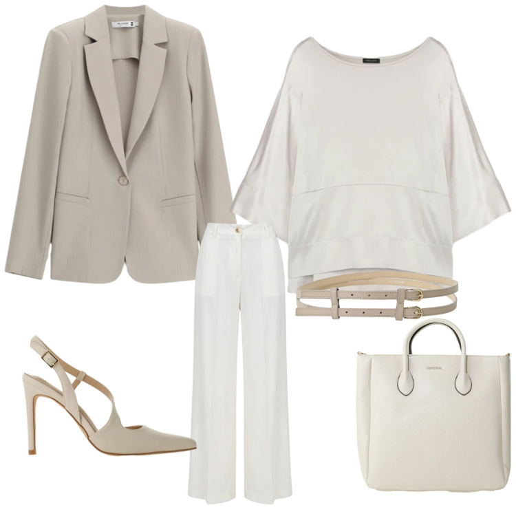 Outfit donna - Chic&Charme. Stile Chic per Serata fuori. Abbinamento con pantaloni a palazzo, borse a tracolla, décolleté, cinture, blazer, bluse.