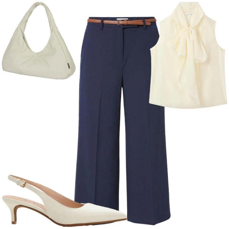 Outfit donna - In ufficio. Stile Chic per Ufficio. Abbinamento con décolleté, pantaloni, bluse, borse a spalla.