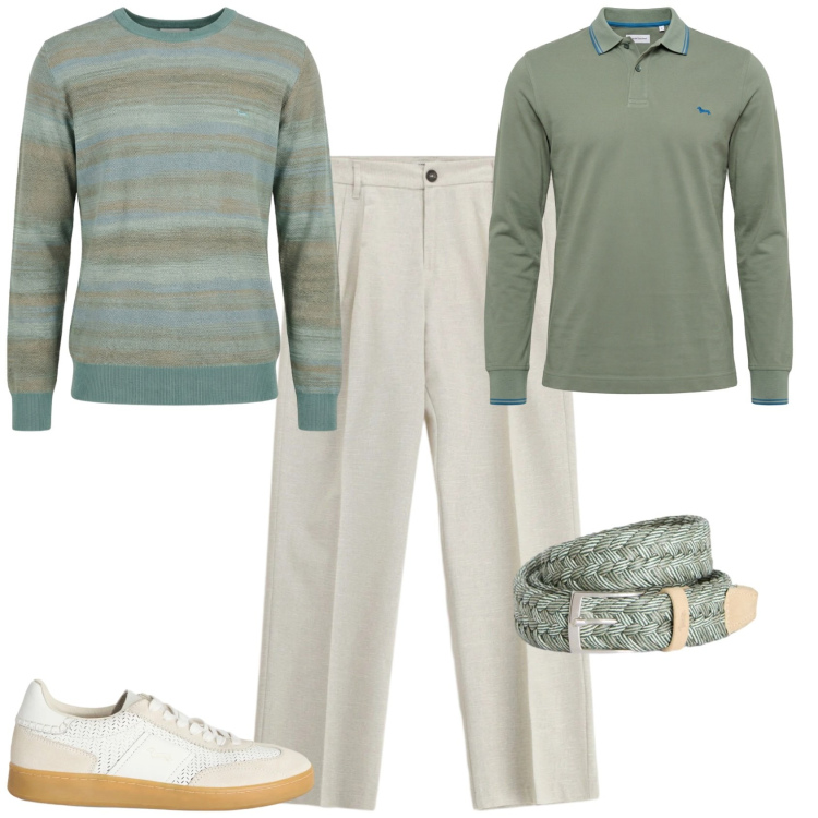 Outfit uomo - Trendy ufficio tempo libero. Stile Trendy per Tutti i giorni. Abbinamento con pantaloni, sneakers, pullovers, polo, cinture.