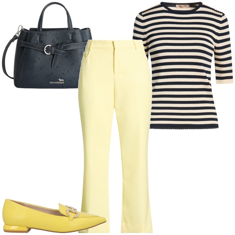 Outfit donna - Giallobeblu. Stile Bon Ton per Ufficio. Abbinamento con mocassini, pullovers, pantaloni, borse a mano.
