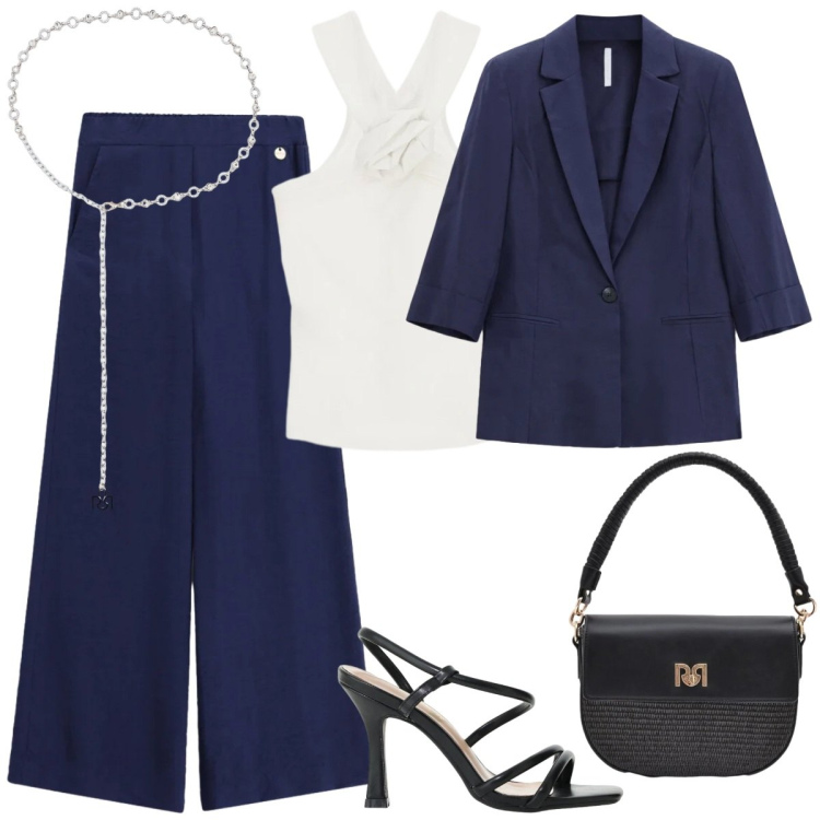 Outfit donna - Total look #2401446. Stile Chic per Cerimonia. Abbinamento con canottiere, pantaloni a palazzo, blazer, sandali col tacco, borse a spalla, cinture.