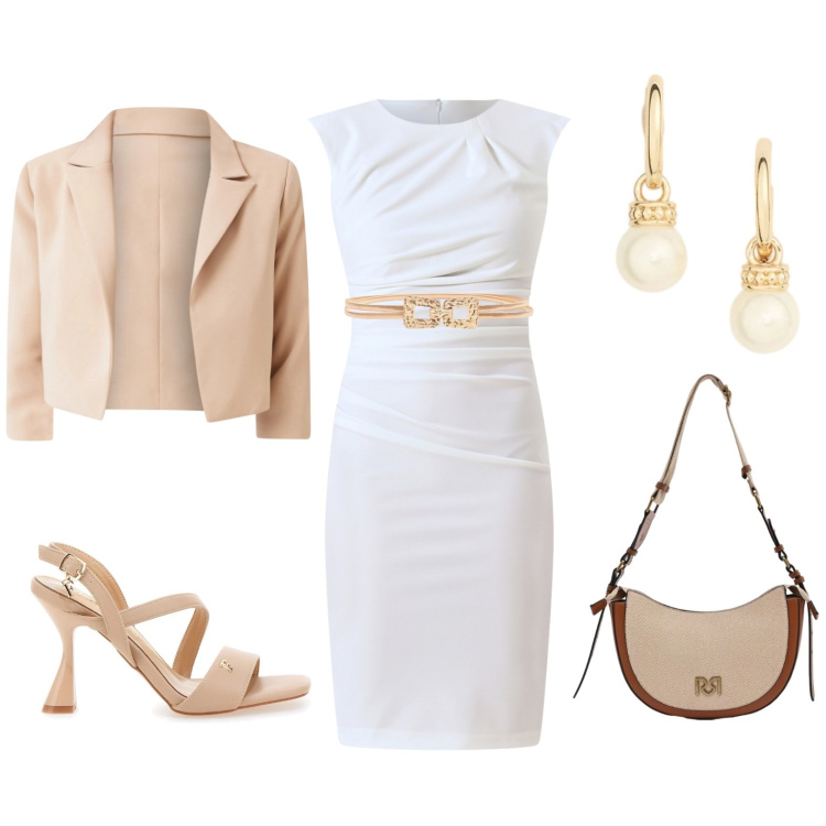Outfit donna - Easy chic. Stile Bon Ton per Cerimonia. Abbinamento con vestiti a tubino, cinture, blazer, borse a tracolla, orecchini, sandali col tacco.