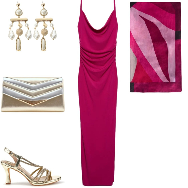 Outfit donna - Rosa glam. Stile Glamour per Cerimonia. Abbinamento con vestiti lunghi, pochette, foulard, orecchini, sandali col tacco.