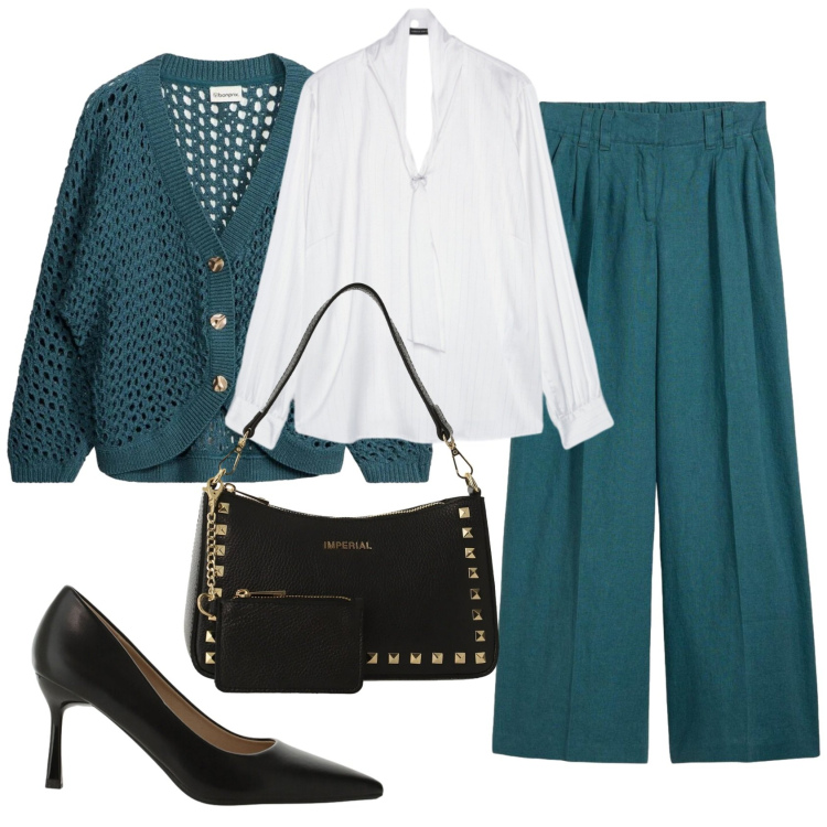 Outfit donna - Total look #2401453. Stile Basic per Ufficio. Abbinamento con cardigans, pantaloni, décolleté, borse a spalla, bluse.