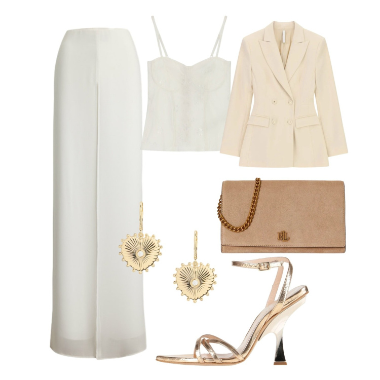 Outfit donna - Accessori che fanno differenza. Stile Glamour per Cerimonia. Abbinamento con sandali in pelle, blazer, top, orecchini, borse a tracolla, pantaloni.