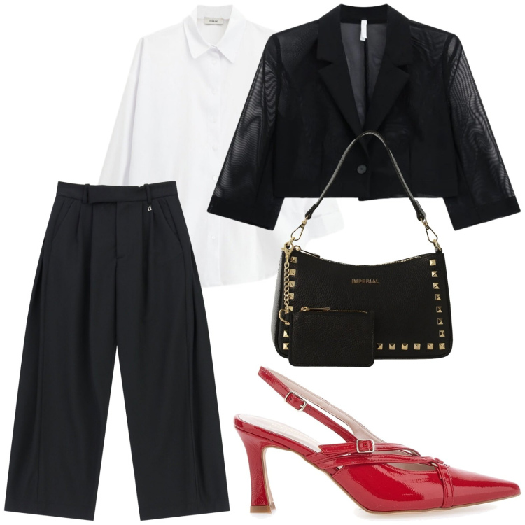 Outfit donna - Finishing Touch. Stile Glamour per Cerimonia. Abbinamento con borse a spalla, blazer, pantaloni a palazzo, camicie, décolleté.