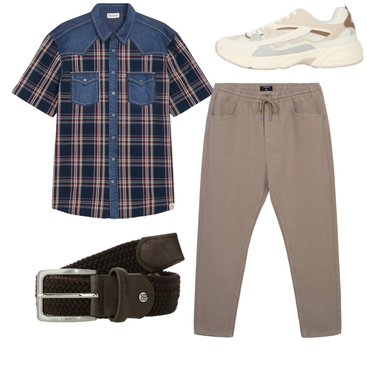 Outfit uomo - Total look. Stile Casual per Tutti i giorni. Abbinamento con camicie a manica corta, pantaloni, sneakers, cinture.
