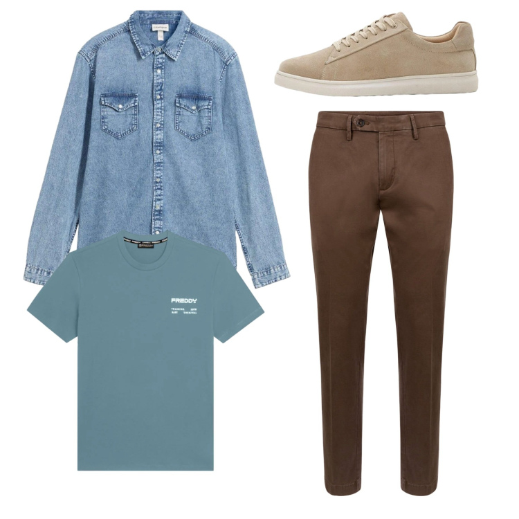 Outfit uomo - Total look. Stile Casual per Tutti i giorni. Abbinamento con camicie, sneakers, t-shirt, pantaloni chino.