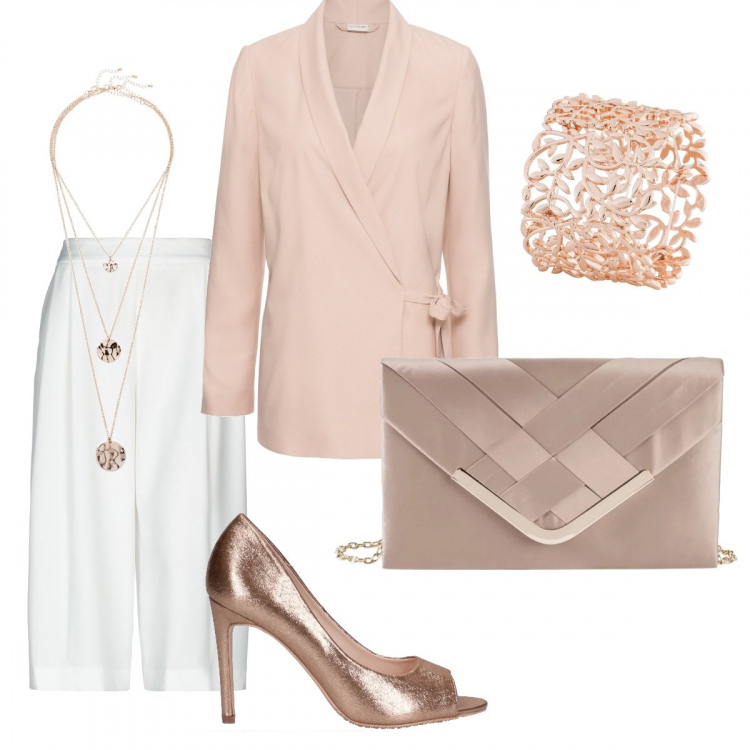 Outfit donna - Chic #2363. Stile Chic per Cerimonia. Abbinamento con gonne, blazer a portafoglio rosa, bracciale, collana, pantalone capri con zip in cady tinta unita, décolleté effetto laminato con tacco spillo open toe tinta unita.