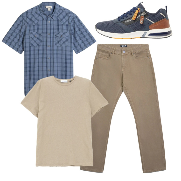 Outfit uomo - Total look. Stile Casual per Tutti i giorni. Abbinamento con sneakers, camicie a manica corta, jeans, t-shirt.