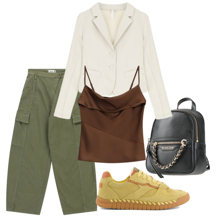 Outfit donna - Toni neutri con stile. Stile Casual Abbinamento con zaini, canottiere, blazer, pantaloni cargo, sneakers.