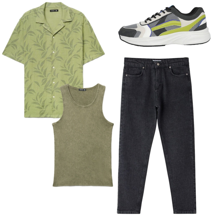 Outfit uomo - Total look. Stile Casual per Tutti i giorni. Abbinamento con sneakers, camicie a manica corta, canottiere, jeans.
